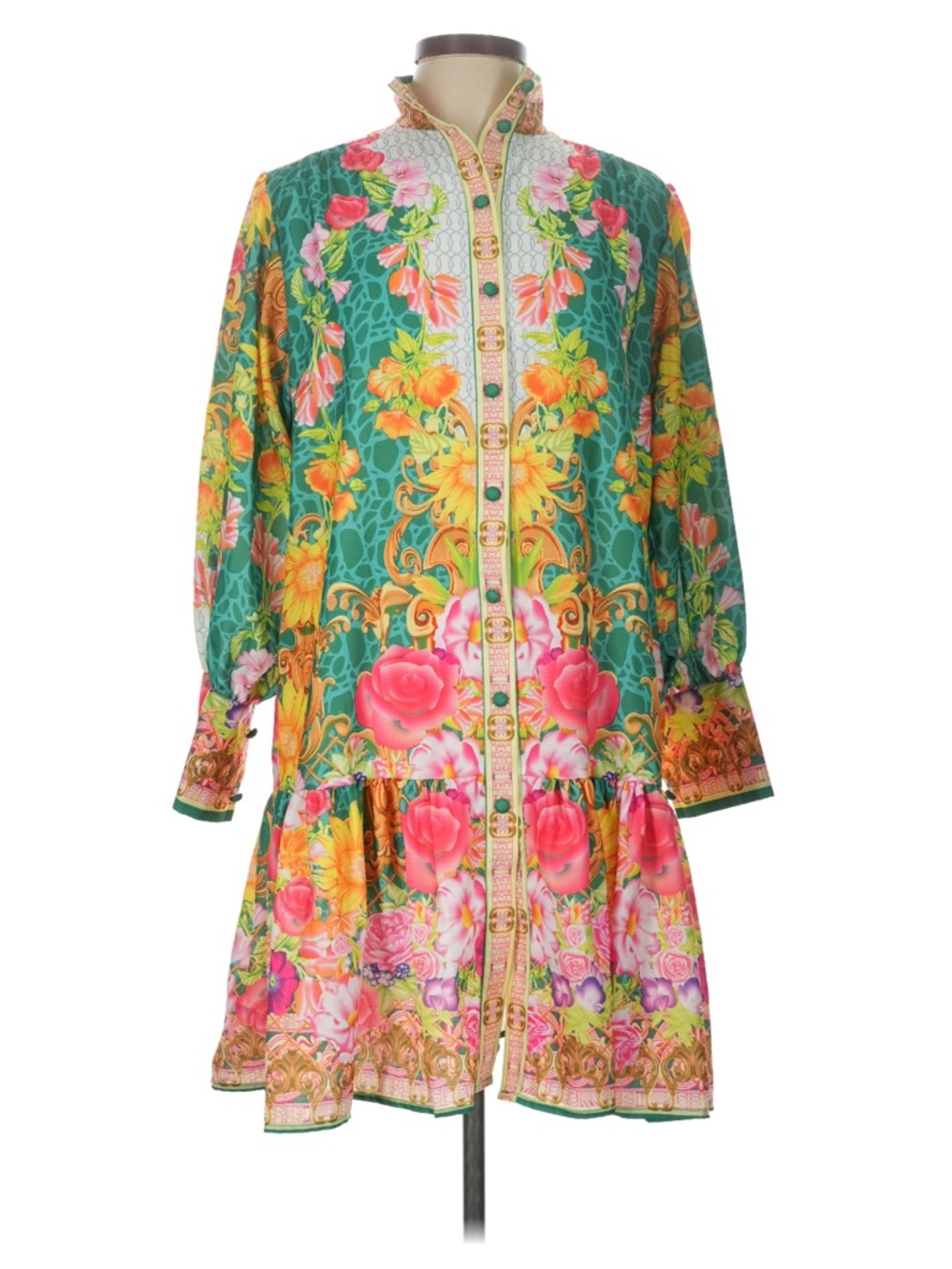 Floral Green Button-Front Midi Dress